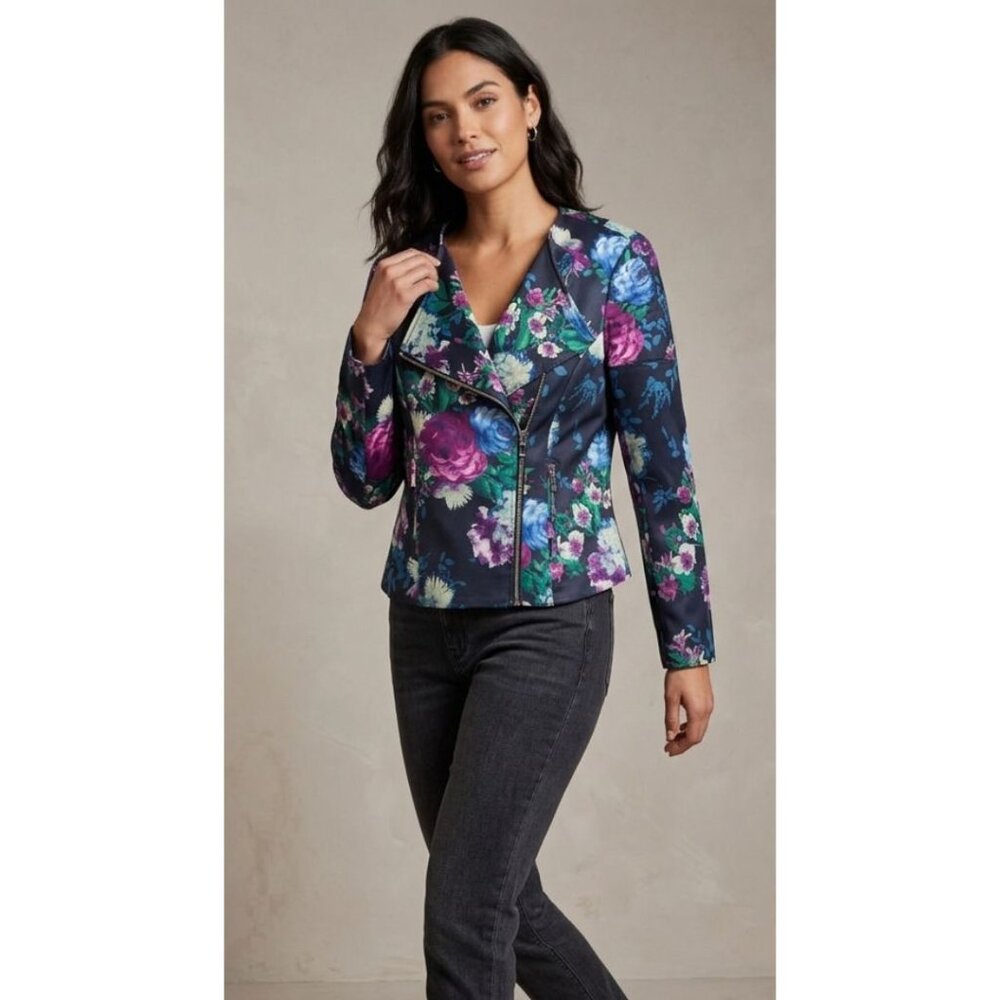 MARK ZUNINO Asymmetrical Zip Blue/Purple Long Sleeve Floral Moto Jacket 12 NEW